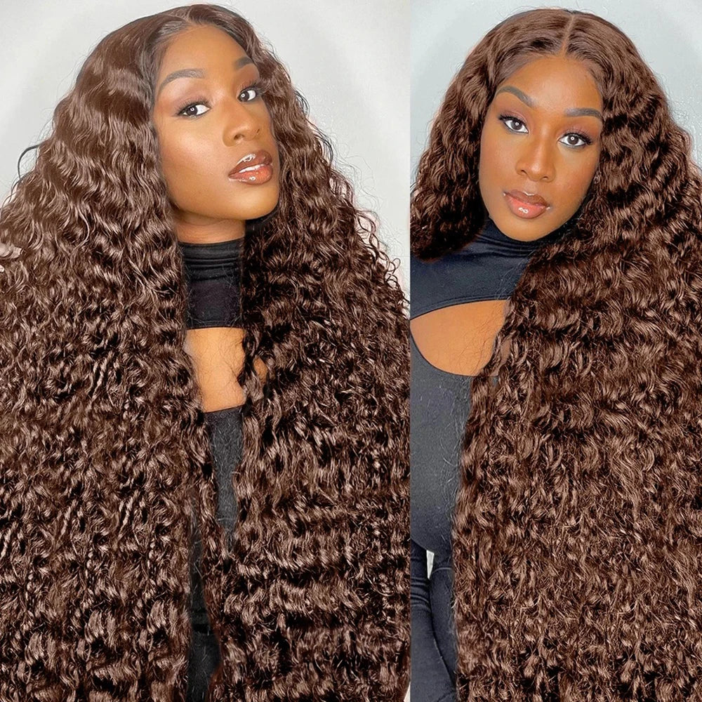 200% Chocolate Brown Deep Wave Human Hair Wig 30 34Inch Transparent Lace Frontal Wigs For Women 13x6 Lace Front Water Curly Wigs