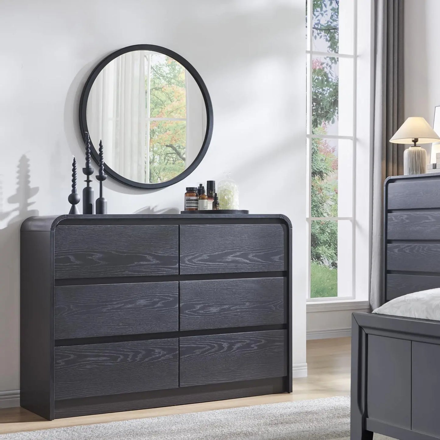 Modern 6 Drawers Dresser, 47" Wide Wood Dressers & Chests of Drawers w/Curved Profile Design, Natural Texture for Bedroom.