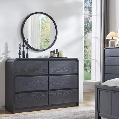 Modern 6 Drawers Dresser, 47" Wide Wood Dressers & Chests of Drawers w/Curved Profile Design, Natural Texture for Bedroom.