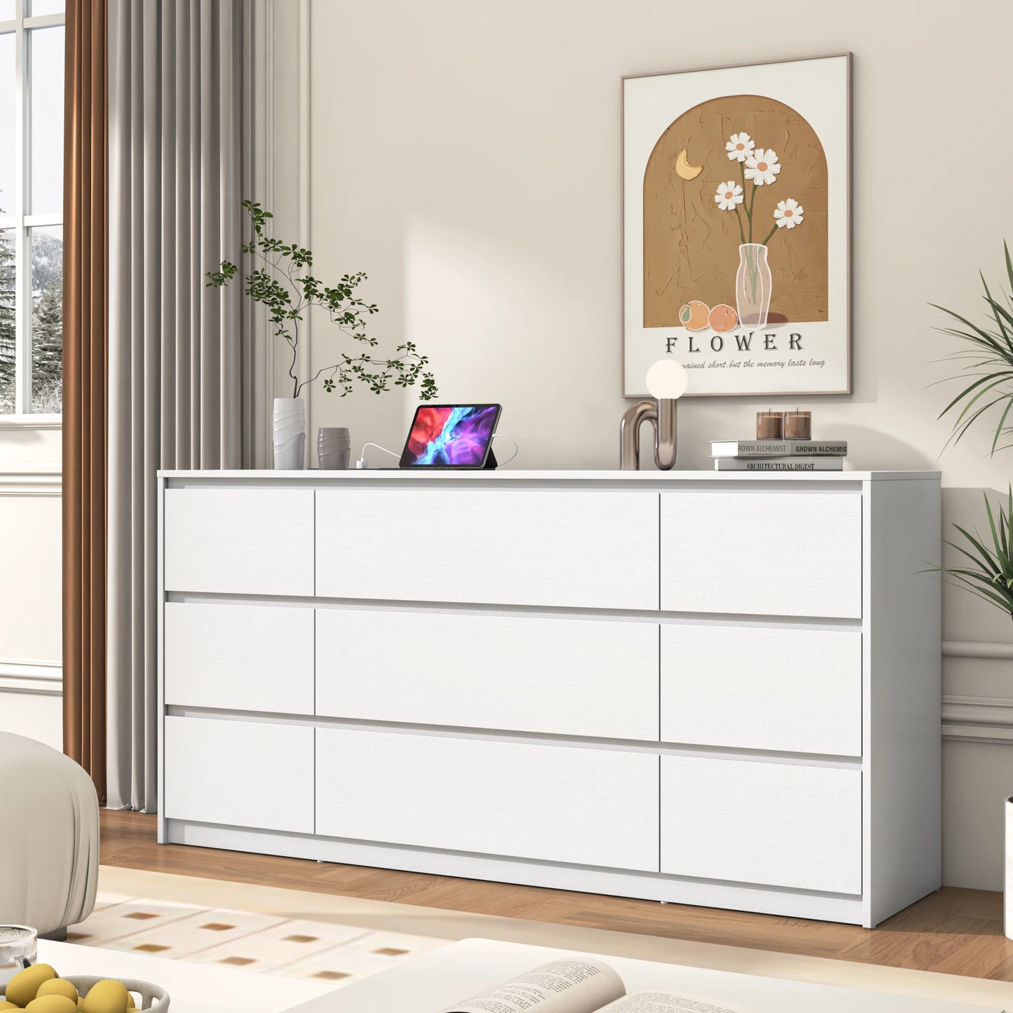 9 Drawer Dresser for Bedroom, 63" Modern Large Wood Chest of Drawers with Charging Station Handle Free, Storage Organizer Closet