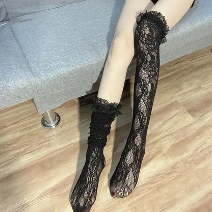 Women Sexy Lace Top Floral Rattan Fishnet Stockings Long Tube Mesh Over Knee Body Stockings Thigh High Hosiery Goth Long Socks