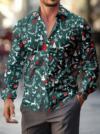 Christmas Festival Theme Men's 3D Printed Formal Shirts Christmas Tree Santa Claus Graphic Long Sleeve Shirt Fashion Men's Shirt