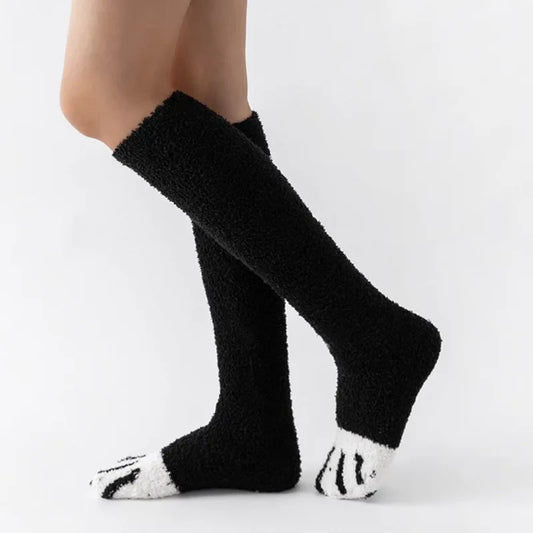 College Style Thicken Coral Fleece Cat Paw Calf Socks For Women Autumn Winter Warm Long Tube Socks Home Sleeping Floor Socks
