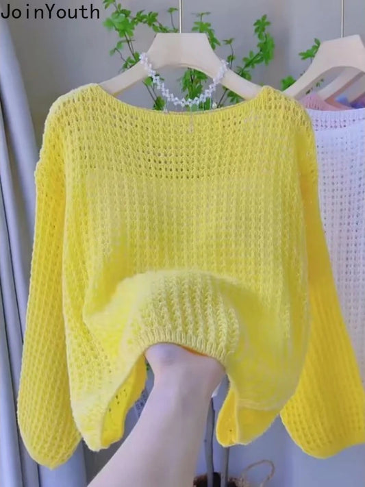 Fashion Tops 2025 Women Pullvoers Long Sleeve O-neck Jumper Pull Femme Thin Hollow Out Knitted Cropped Sweater Sueter Mujer
