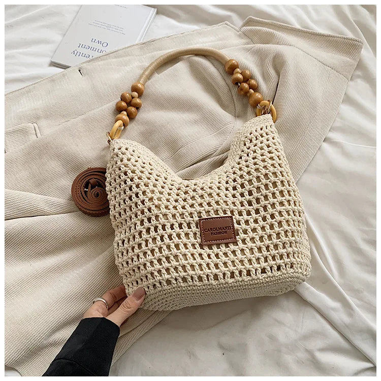 Beach Summer Bag for Women Mesh Woven Shoulder Bag Adjustable Strap Handbag Large Capacity Hobo Bag for Travel Vacation