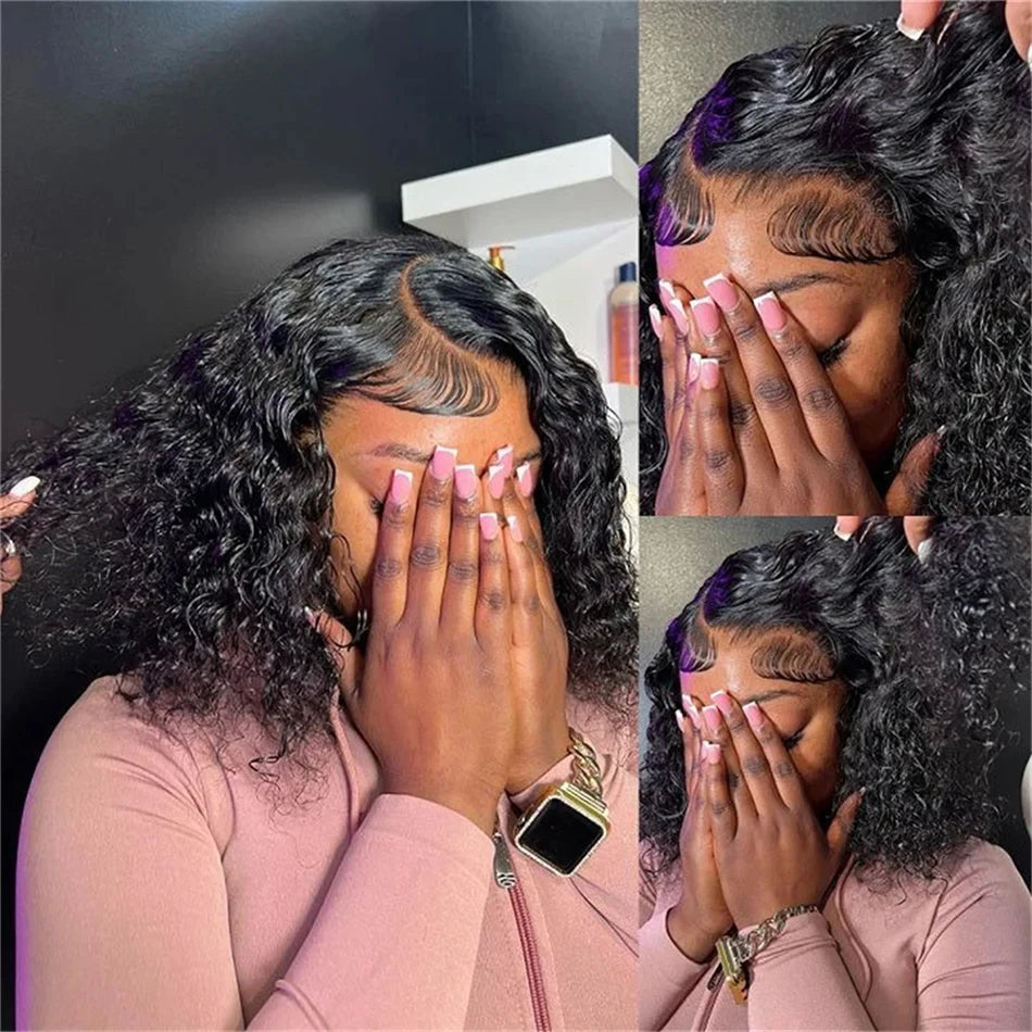 200 Density Short Curly Bob Deep Water Wave Wigs 100% Human Hair 13x4 Transparent Lace Frontal Wig 4x4 Lace Front Wig 12 14 Inch