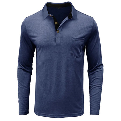 Spring Trend Men's Long Sleeve Casual Tshirt Solid Lapel Button Up Pullover Tops Autumn Turn Down Collar Bottoming Polo Shirt