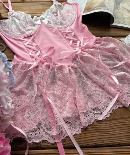 Ellolace Fancy Sexy Lingerie Girly Pink Corset Dress With Stocking g-String Tightening Matching 5-Piece Sissy Lace Onlyfans Kit