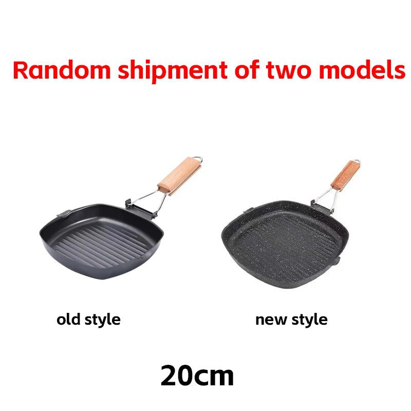 Foldable Portable Frying Pan Picnic Grill Pan Anti-scald Wooden Handle Outdoor Grill Pan Double Mouth Steak Pan(No Lid)