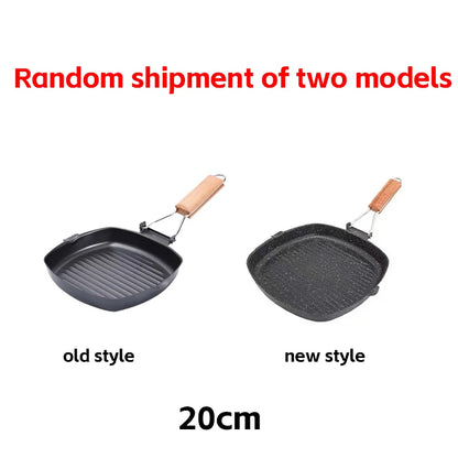 Foldable Portable Frying Pan Picnic Grill Pan Anti-scald Wooden Handle Outdoor Grill Pan Double Mouth Steak Pan(No Lid)