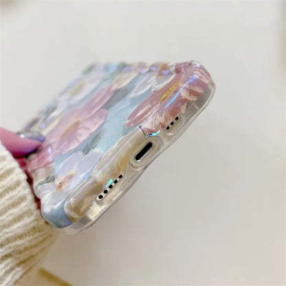 1 PC Luxury Laser Oil Painting Flowers Phone Cases For iPhone 16 15 14 13 12 11 Pro Max Plus