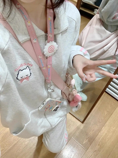 HOUZHOU Japanese Fashion Kawaii Zipper Hoodie Women Harajuku Cute Pink Cat Embroidery Oversized Hooded Sweatshirt  Winter 2023