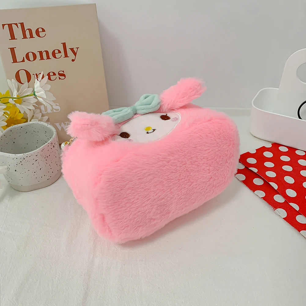 Cartoon Japanese Anime Soft Plush Makeup Pouch Lovely Design Fluffy Cosmetic Bag Portable Travel Zipper Furry Storage Handbags