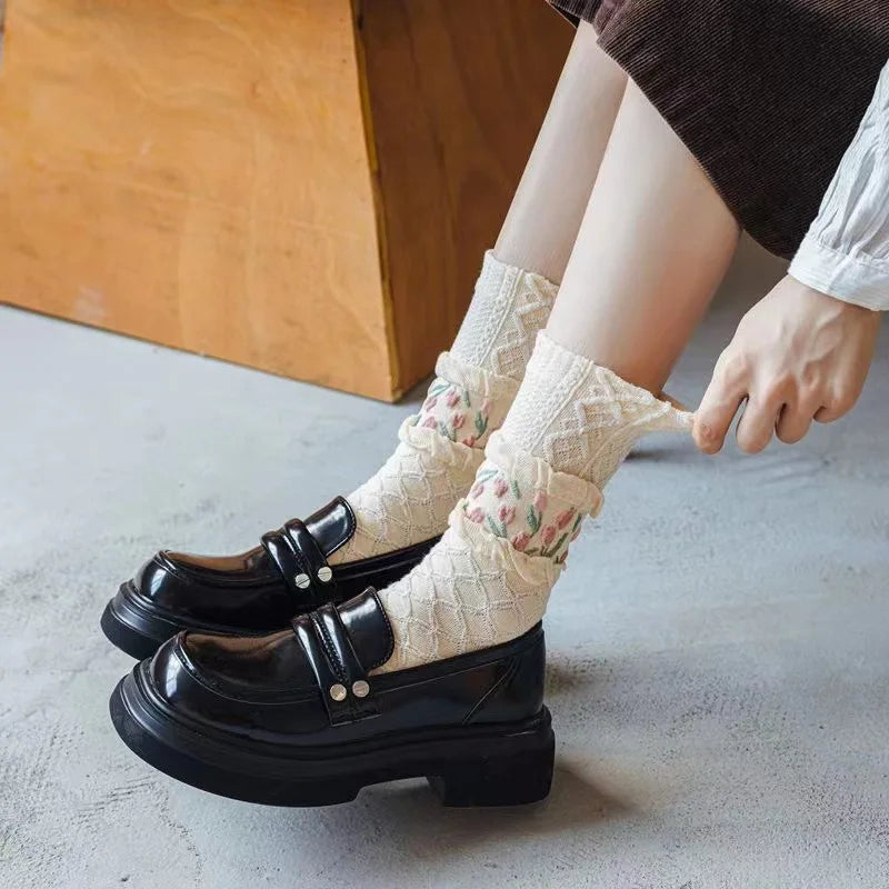 Women Socks Flower Rabbit Pattern Cute Kawaii Japanese Korean Style Cotton Harajuku Funny Breathable Casual Spring Floral Socks
