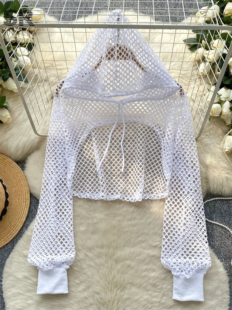 SINGREINY Summer Knitted Hooded Cadigans Women Long Sleeve Thin Streetwear Irregular Outerwear Hollow Out Sun-proof Blouses
