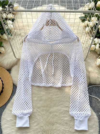 SINGREINY Summer Knitted Hooded Cadigans Women Long Sleeve Thin Streetwear Irregular Outerwear Hollow Out Sun-proof Blouses