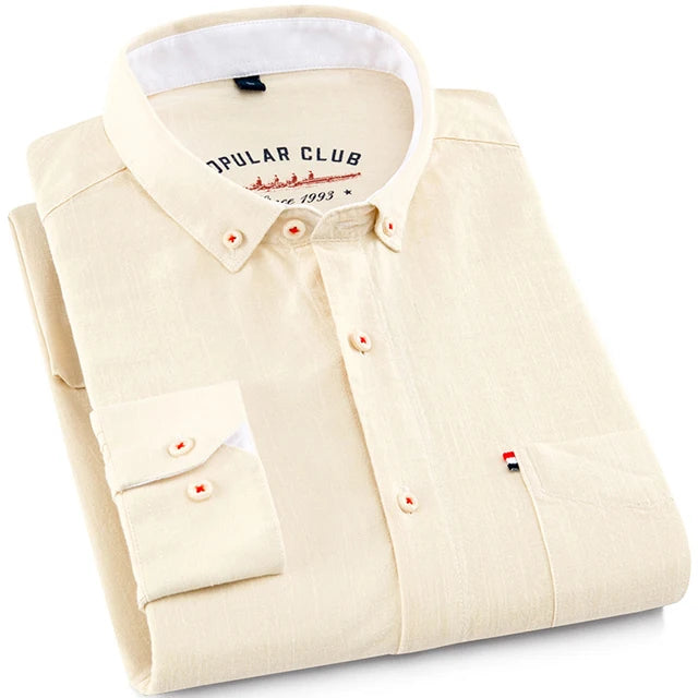 Men‘s Solid Button-Down Collar Dress Shirt - Breathable Cotton-Linen Blend - Long Sleeve, Slim-fit - Spring Summer Casual Chic