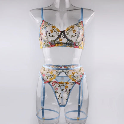 Ellolace Lingerie Sensual Lace Underwear Transparent Embroidery 3-Piece Garters Fancy Beautiful Short Skin Care Kits Intimate