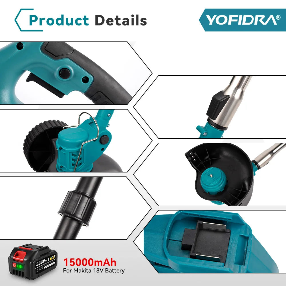 YOFIDRA 100-135cm Electric Lawn Mower Foldable Trimmer Pruning Cutting Garden Power Tool For 21V 18V Battery With 2 Battery