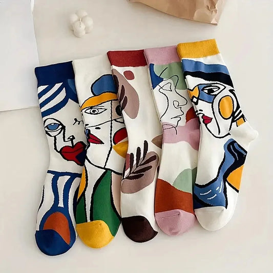 5 Pairs Elegant Cartoon Graffiti Women Tube Socks Fashionable Oil Painting Art Printing Soft Comfortable Breathable Casual Socks