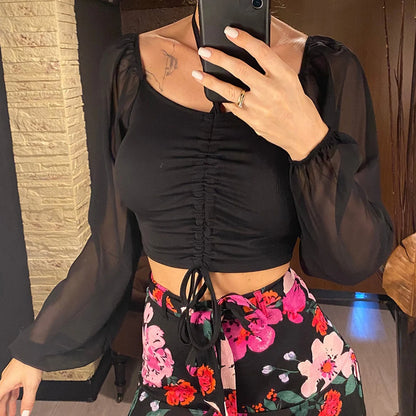S-3XL Mesh Lantern Sleeves Drawstring Wrap Chest Bare Midriff T-Shirt Women Long Sleeve Ruched Blouse Sexy Crop Top Tee K5995