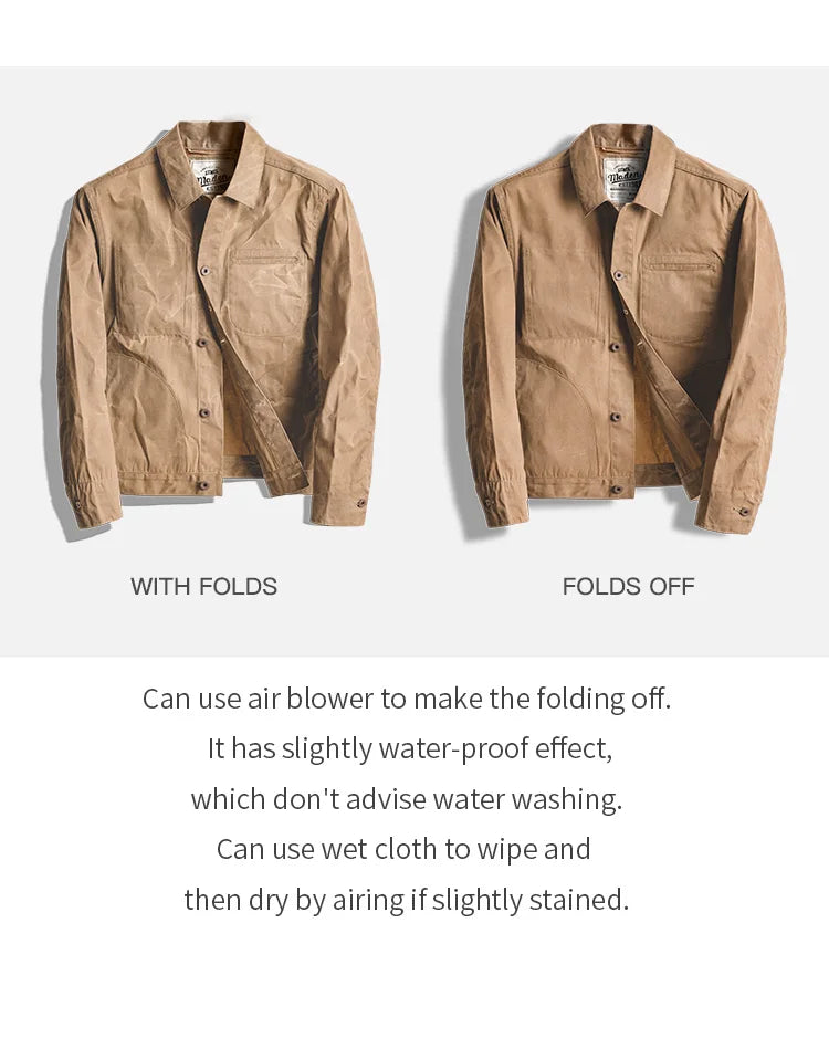 Maden Vintage Men's Canvas Oil Wax Jackets Khaki Multi-pocket Lapel Collar Single-breasted Jacket Windbreaker for Male Outwear