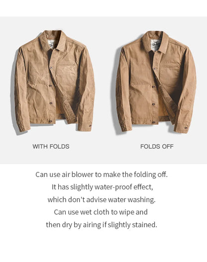 Maden Vintage Men's Canvas Oil Wax Jackets Khaki Multi-pocket Lapel Collar Single-breasted Jacket Windbreaker for Male Outwear