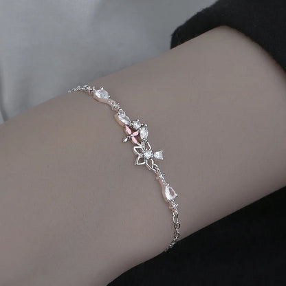 VENTFILLE 925 Sterling Silver Diamond-Studded Butterfly Bracelet Women's Fashion Temperament Flower Adjustable Bracelet