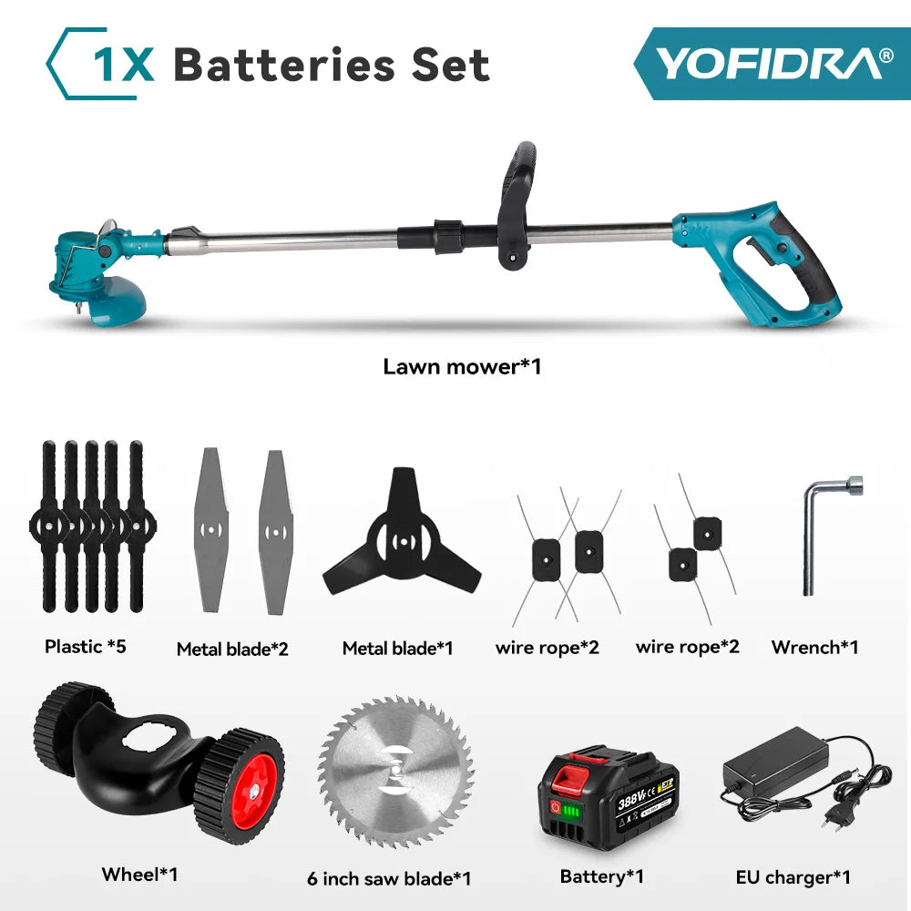 YOFIDRA 100-135cm Electric Lawn Mower Foldable Trimmer Pruning Cutting Garden Power Tool For 21V 18V Battery With 2 Battery