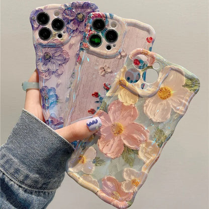 1 PC Luxury Laser Oil Painting Flowers Phone Cases For iPhone 16 15 14 13 12 11 Pro Max Plus