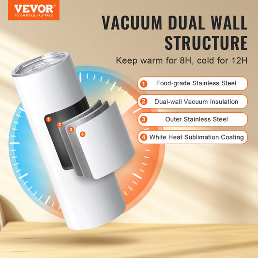 VEVOR 8/12/14/16/24/50PC Straight Sublimation Tumblers Blank Tumbler Bulk Stainless Steel Double Wall Tumbler Cups Heat Transfer
