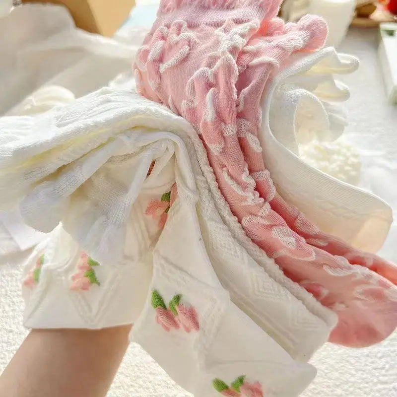 5 Pairs Lolita Japanese Woman Cute White Short Socks Set Girl Spring Summer Sweet Ruffle Lovely Cotton Socks For Women