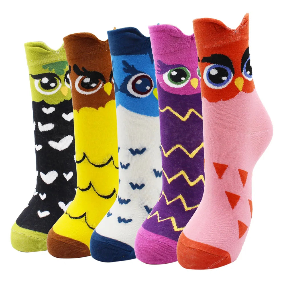 5 Pairs New Fashion Colorful Harajuku Korean Kawaii Cute Women Socks Cat Dog Owl Stripe Avocado Girl Cotton Cartoon Socks