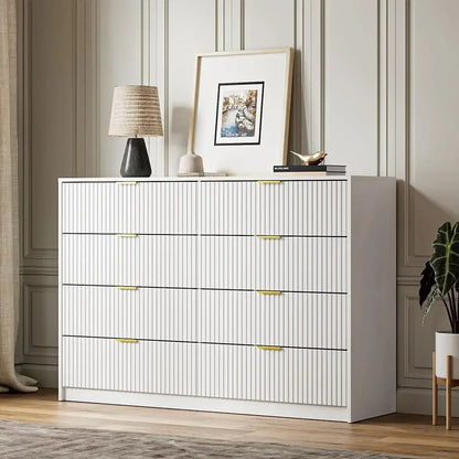 55" Wide Dresser Bedroom, Fluted 8-Drawer Double Dresser with Gold Handles, Modern Tall Chest of Drawers for Bedroom, Dressers