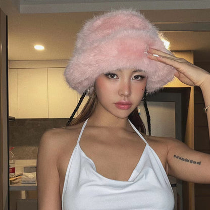 2024 Fluffy Faux Fur Bucket Hats Women Rabbit Fur Warm Thick Plush Winter Hat Lady Fashion Luxury Panama Furry Fisherman Cap Y2k