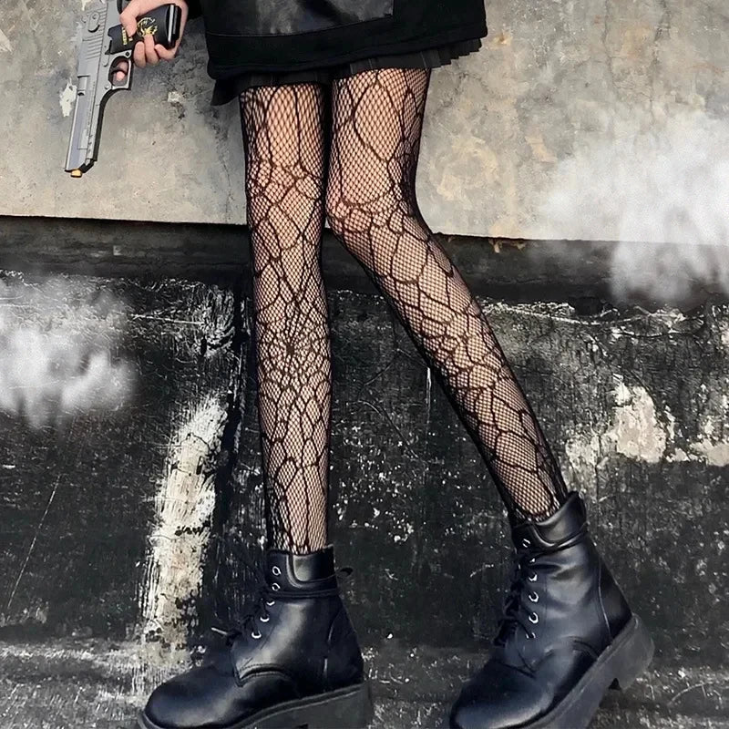 Kawaii Gothic Hollow Out Pantyhose Lolita Bow Knot Fishnet Stockings Women Spicy Girl Black White Sexy Thin Ins Tide Lace Tights