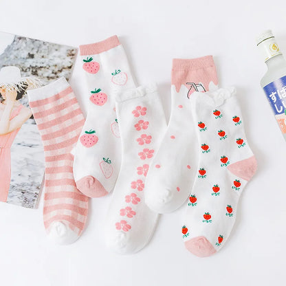 5 Pairs New Fashion Colorful Harajuku Korean Kawaii Cute Women Socks Cat Dog Owl Stripe Avocado Girl Cotton Cartoon Socks