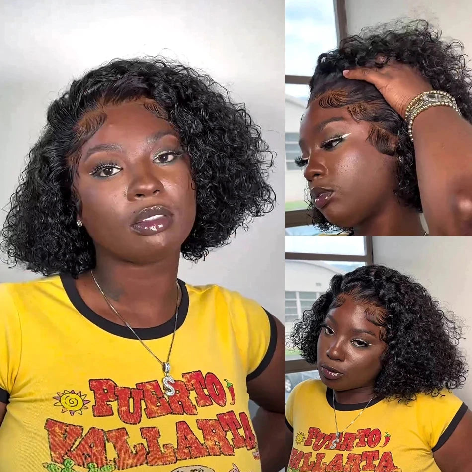200 Density Short Curly Bob Deep Water Wave Wigs 100% Human Hair 13x4 Transparent Lace Frontal Wig 4x4 Lace Front Wig 12 14 Inch