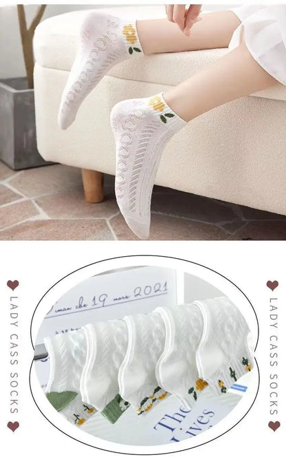 5 Pairs Lolita Japanese Woman Cute White Short Socks Set Girl Spring Summer Sweet Ruffle Lovely Cotton Socks For Women