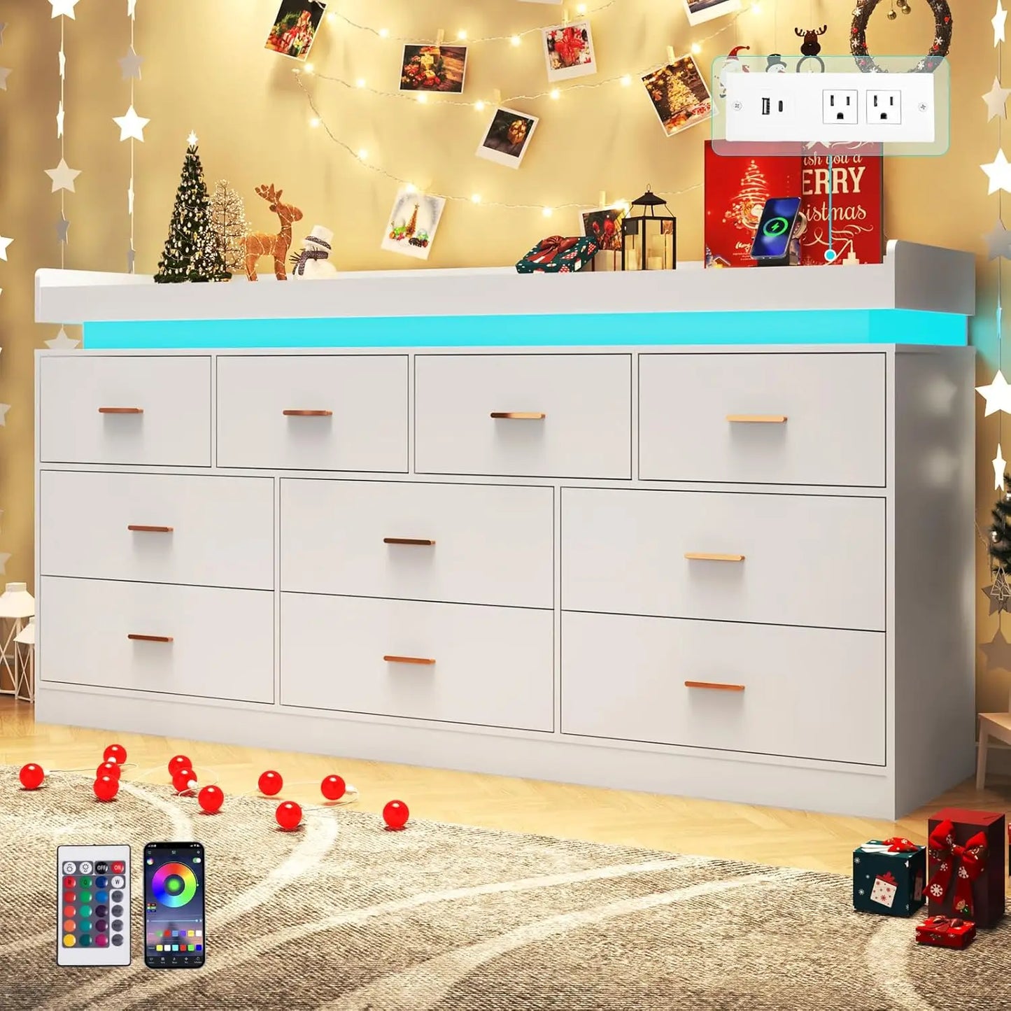 10 Drawer Dresser with LED Light and Charging Station, Modern Chest of Drawers for Closet, Wide Drawer Organizer Cabinet , White