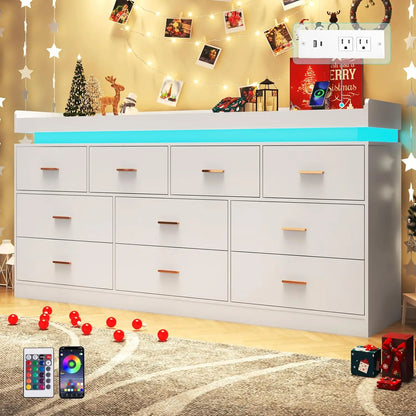 10 Drawer Dresser with LED Light and Charging Station, Modern Chest of Drawers for Closet, Wide Drawer Organizer Cabinet , White