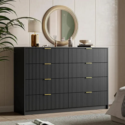 55" Wide Dresser Bedroom, Fluted 8-Drawer Double Dresser with Gold Handles, Modern Tall Chest of Drawers for Bedroom, Dressers