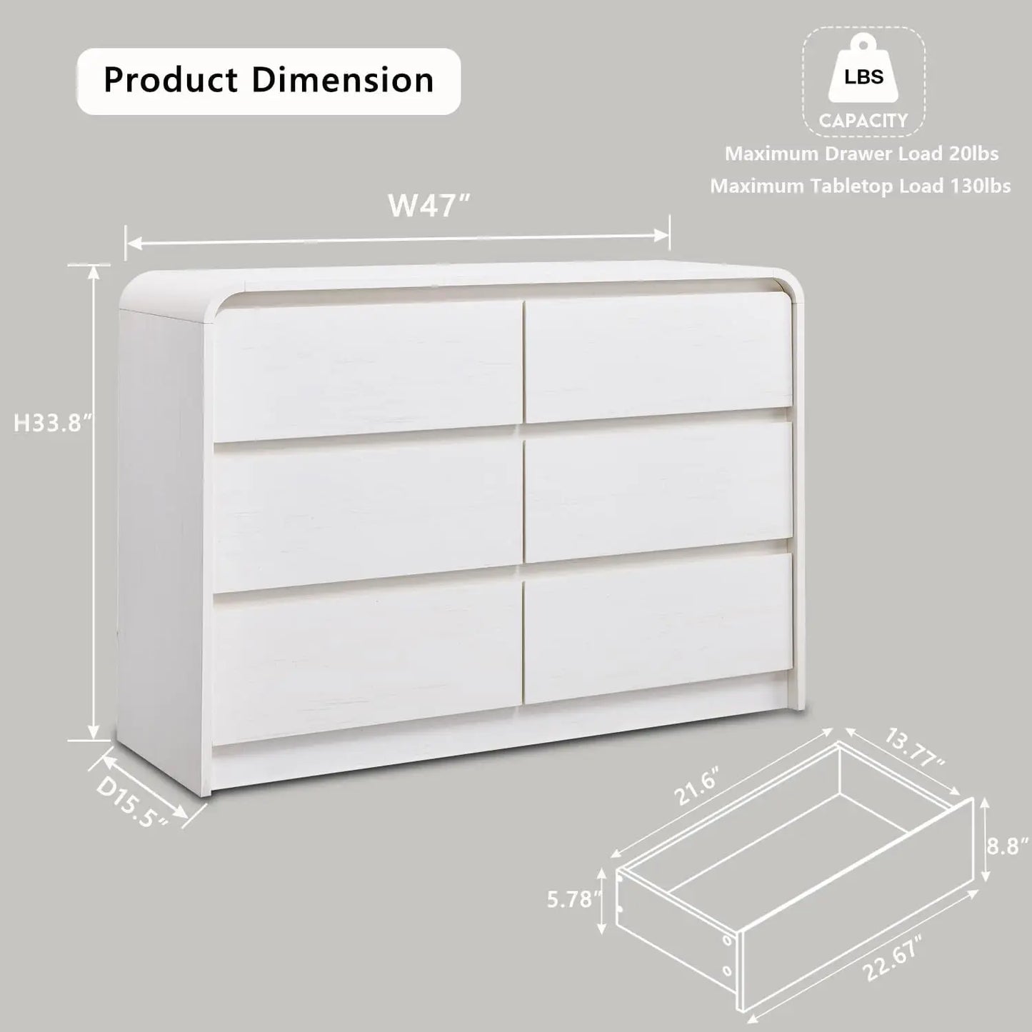Modern 6 Drawers Dresser, 47" Wide Wood Dressers & Chests of Drawers w/Curved Profile Design, Natural Texture for Bedroom.