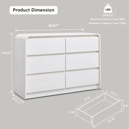 Modern 6 Drawers Dresser, 47" Wide Wood Dressers & Chests of Drawers w/Curved Profile Design, Natural Texture for Bedroom.