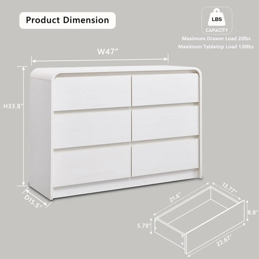 Modern 6 Drawers Dresser, 47" Wide Wood Dressers & Chests of Drawers w/Curved Profile Design, Natural Texture for Bedroom.