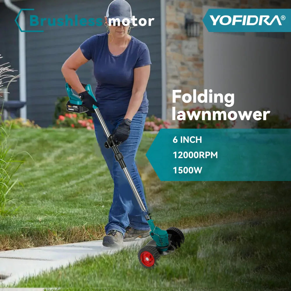 YOFIDRA 100-135cm Electric Lawn Mower Foldable Trimmer Pruning Cutting Garden Power Tool For 21V 18V Battery With 2 Battery