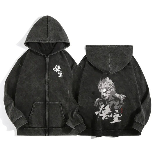 Retro Wash Zip Up Hoodie Black Myth Wukong Print Jacket Hooded Sweatshirt Harajuku Gothic Graphic Cotton Men Women Hoody Coat