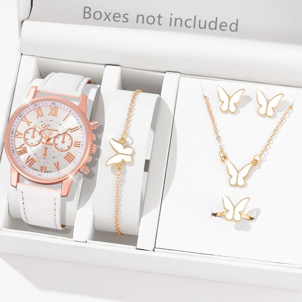 Pink 6PCS/Set Women Watch Roman Numeral Dial Quartz Wristwatch PU Leather Strap Watch Heart Diamond Jewelry Set Gift For Her