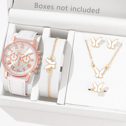 Pink 6PCS/Set Women Watch Roman Numeral Dial Quartz Wristwatch PU Leather Strap Watch Heart Diamond Jewelry Set Gift For Her