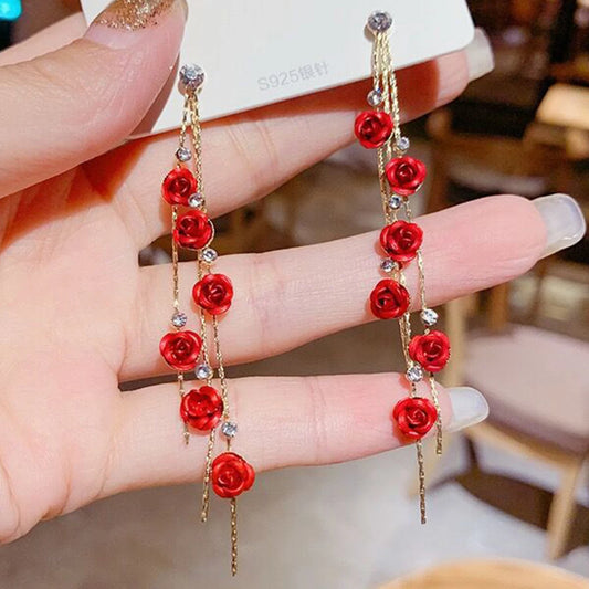 2pcs retro style long style diamond inlaid rose earrings for women's daily dating accessories